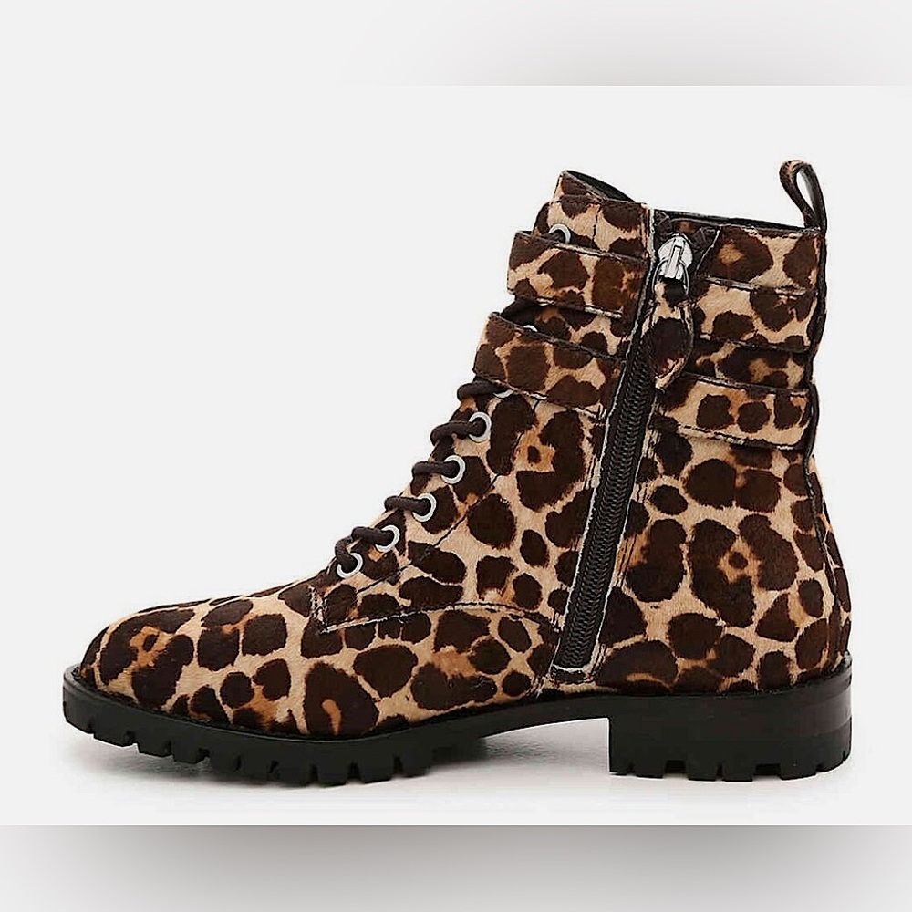 REBECCA MINKOFF Jaiden Calf Hair Leopard Combat Bootie Size 6.5 - Picture 2 of 9